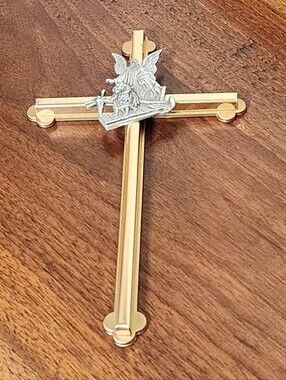 Vtg Camco Brass Pewter Guardian Angel Cross Crucifix Baptism Communion 8.25"